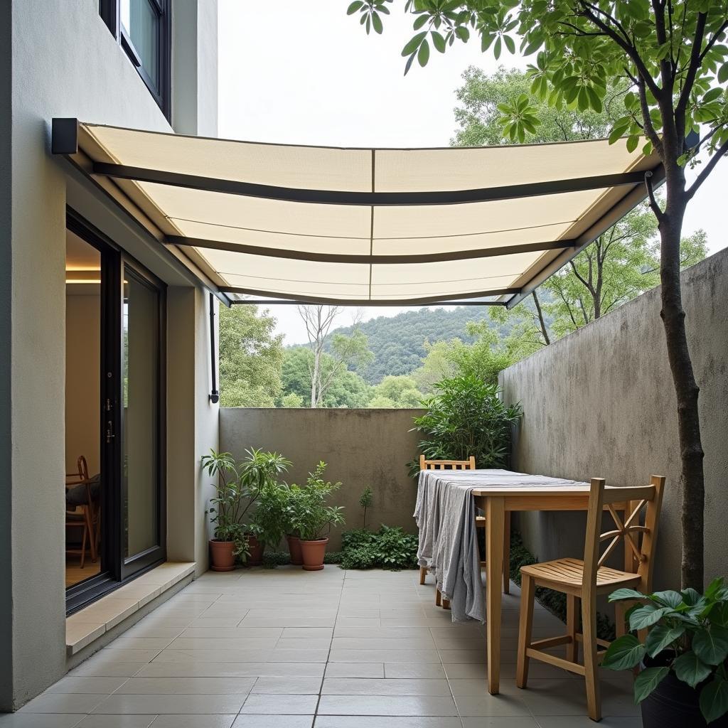 Mẫu mái xếp tiện lợi che chắn sân phơi ở chung cư Đà Lạt, giúp phơi đồ hiệu quả trong mọi thời tiết